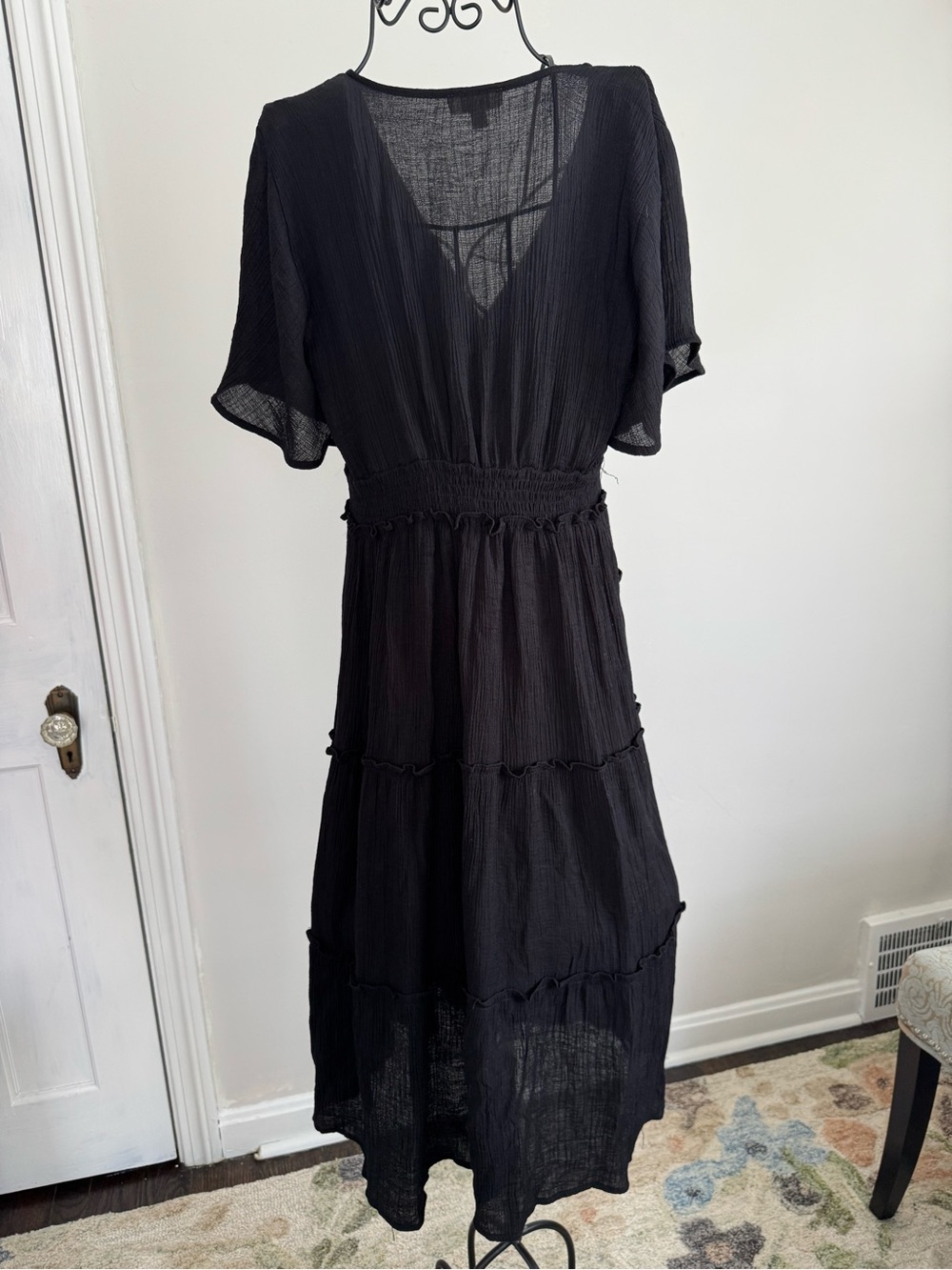 NWOT Jet Black Smocked Waist Tiered Maxi Dress